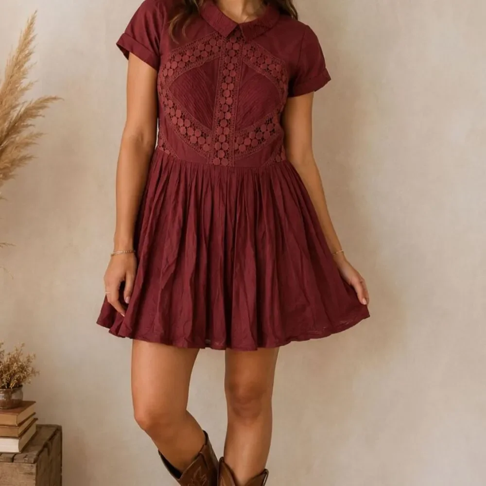 Free People Womens Dress Size 6 Boho Crochet Lace Fit Flare Mini - Picture 1 of 8
